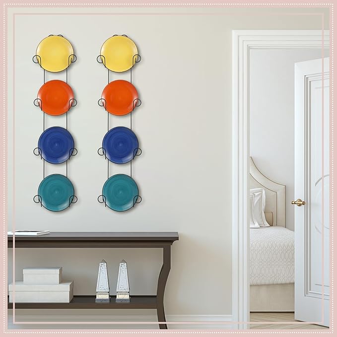 Menkxi 2 Pcs Vertical Wall Plate Holder for Display Plate Hanger Includes Non Adjustable Brackets Wall Mount Plate Rack for Display Plates Dishes(4 Tier,Black)