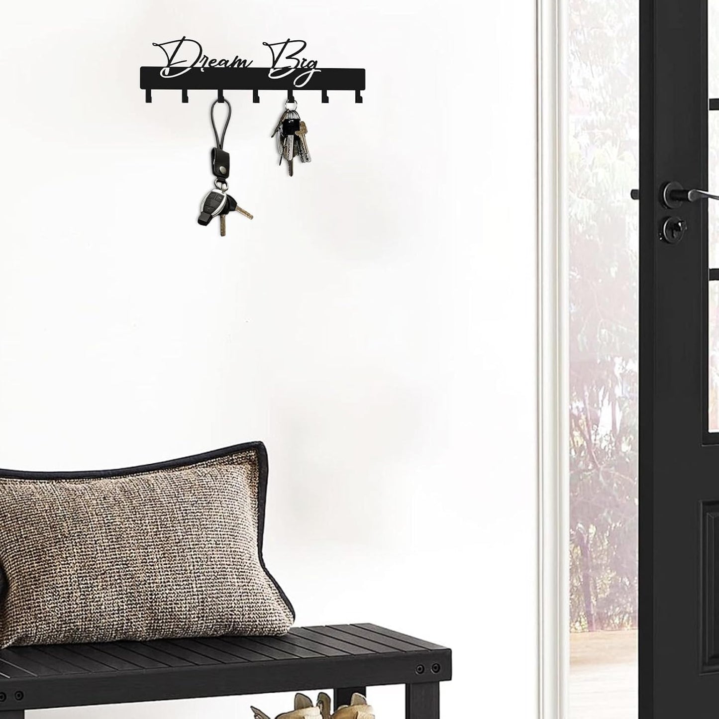 10 Inch Key Holder for Wall, Black Metal House Decoration Key Hooks, Phrase Style(Dream Big), Key Hanger Organizer with 7 Hooks, Suitable for Doors, Corridors, Living Rooms, Bedrooms