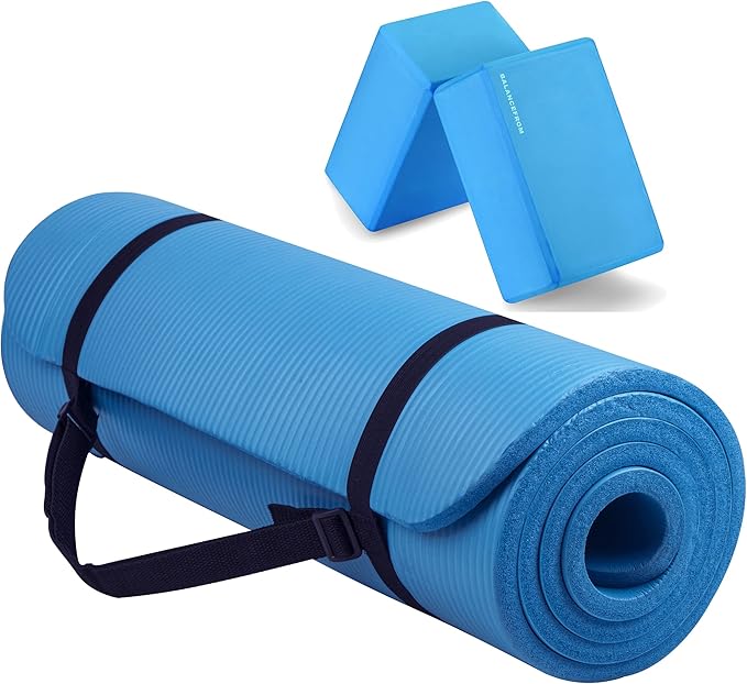 Fitvids All Purpose 1/2-Inch Extra Thick High Density Anti-Tear Exercise Yoga Mat with Carrying Strap and Yoga Blocks, Mul...