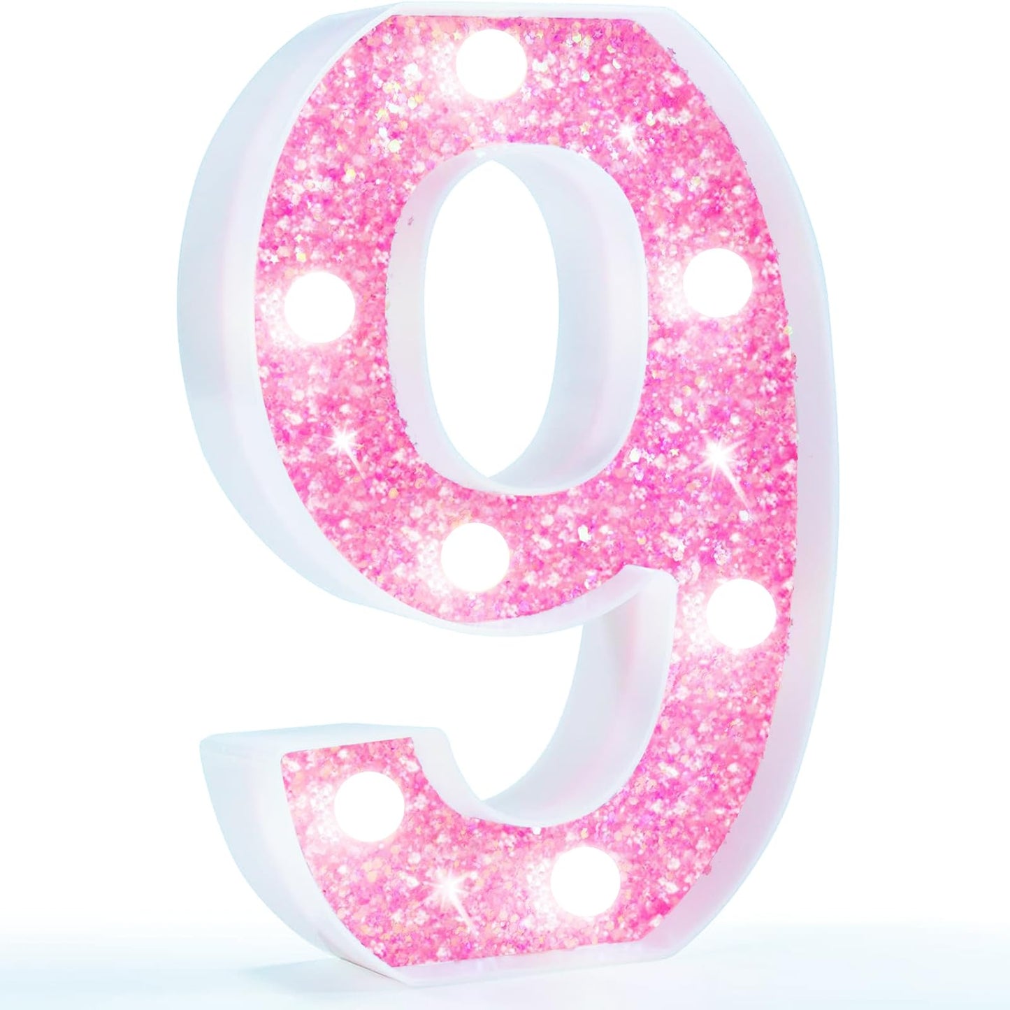 Pooqla Marquee Numbers  Pink Light Up Numbers For Girls 9Th Birthday  Battery Powered Glitter Number Night Light Gift For Christmas Bedroom Dorm Room Party Decoration  Cool White Number 9