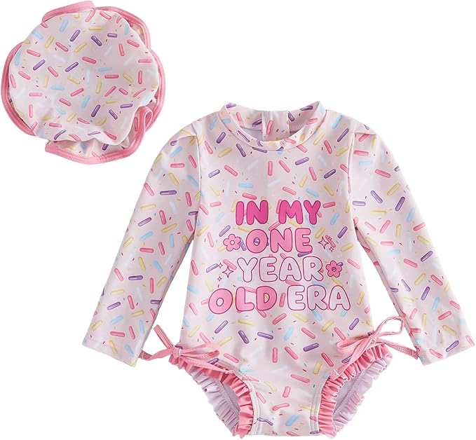 Beautooly Birthday Girl Swimsuit Rash Guard Letter Print Long Sleeve Crew Neck Bathing Suit with Swim Cap