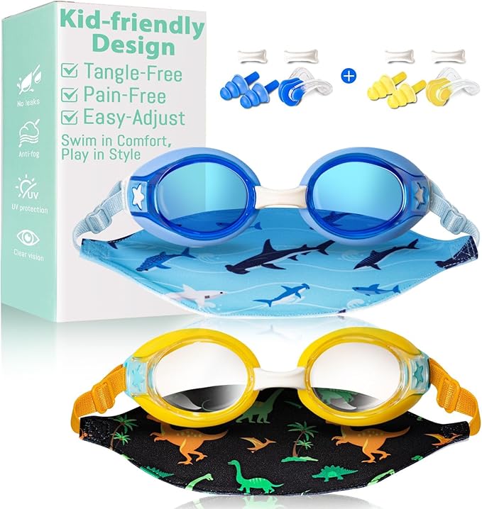 Pixel Panda 2 Pack Kids Swim Goggles with Fabric Strap for 3-14 Anti-Fog Anti-UV, No Leak No Hair Pulling Swimming Goggles