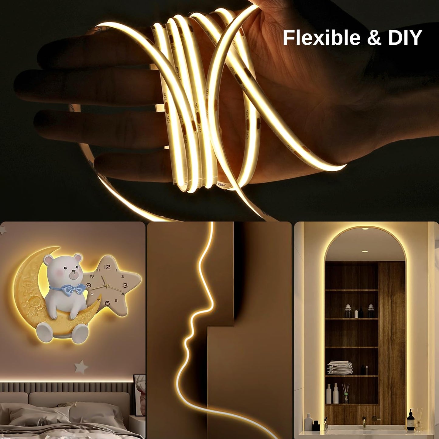 Wefomey 65.6Ft Cob Led Strip Light With Remote  3000K Dimmable Bright Warm White Led Lights Strip  Flexible Dc24V Led Tape Light For Bedroom  Kitchen  Diy Lighting (2 Rolls Of 32.8Ft)