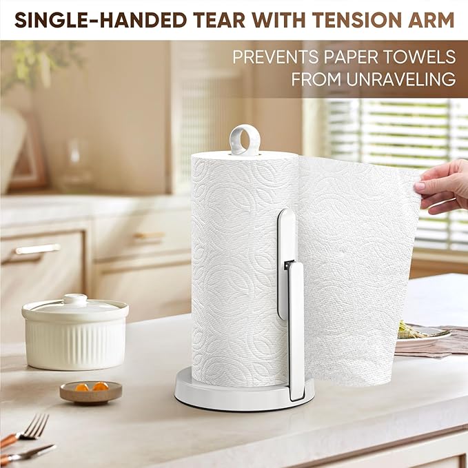 theaoo Heavy-Duty Stainless Steel Paper Towel Holder with Tension Arm – Easy One-Handed Tear, Modern Standing Countertop Dispenser for Kitchen, Holds All Paper Towel Rolls (1, White)