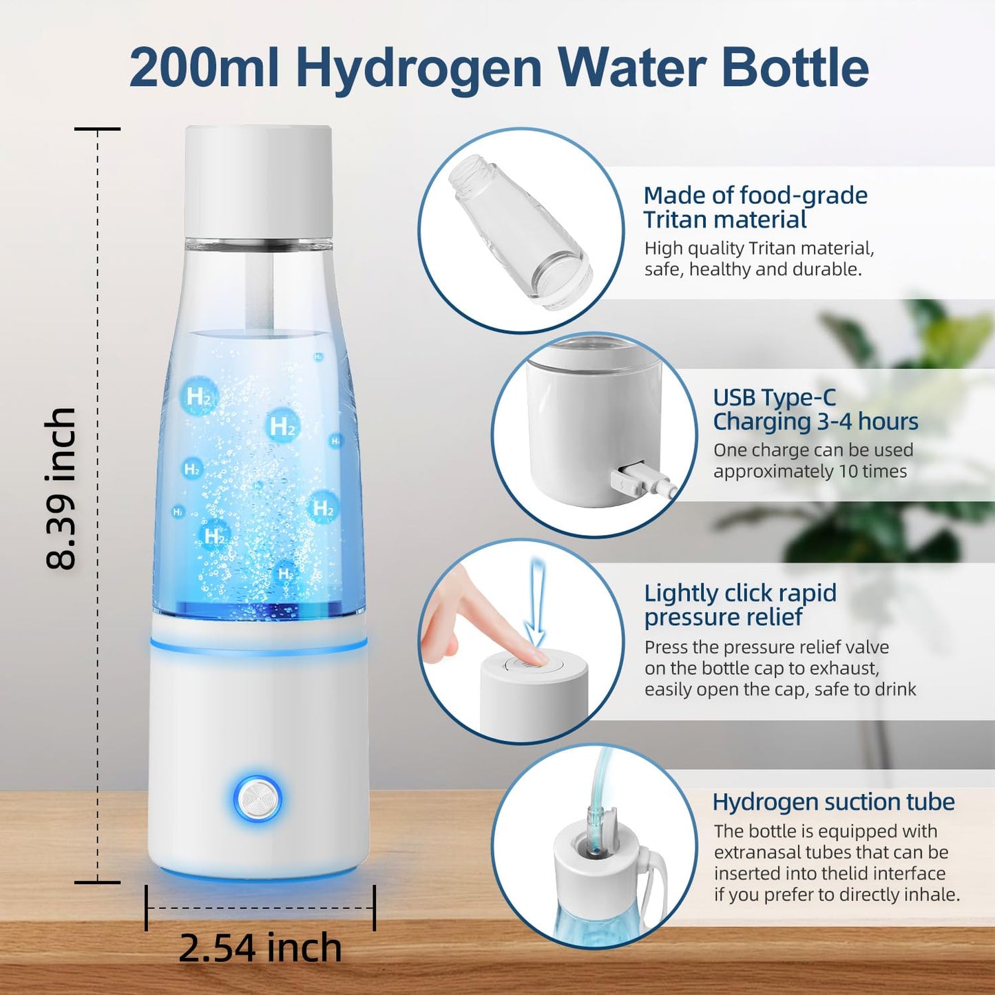 5000PPB Hydrogen Water Bottle Generator 3 in 1 Hydrogen Water Generator Machine with SPE & PEM Technology Portable Hydrogenated Water Bottle Inhalation for Healthy Hydration/White