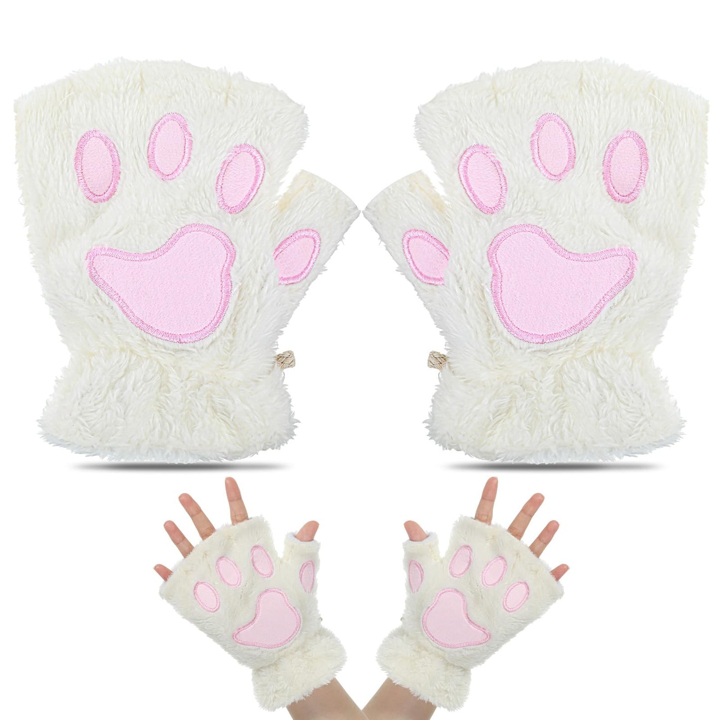 Cat Paw Fingerless Gloves, Furry Paws Gloves Faux Fur Plush Furry Cat Claw Glove Cute Cosplay Costume Accessories for Women (White)