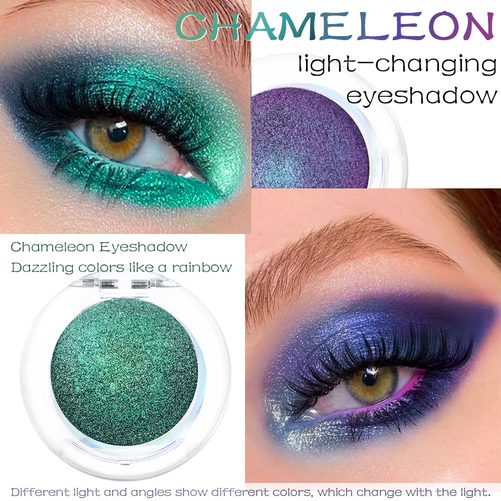 evpct 2Pcs Shimmer Teal Dark Sapphire Blue Bright Purple Multichrome Chrome Single Eye Shadow Palette Makeup for Older Women, Glitter Metallic Duochrome Chameleon Gothic Iridescent Eyeshadow Palette