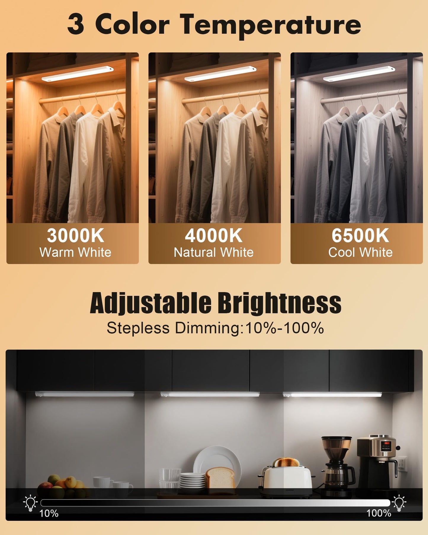 Maylit 6 Pack Under Cabinet Lighting  3 Color Temps Motion Sensor Light Indoor  Rechargeable Battery Operated Lights  Wireless Magnetic Light Bar For Kitchen Counter Closet Stair Shelf Display