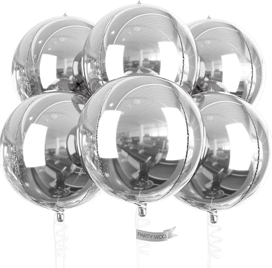 PartyWoo Metallic Silver Foil Balloons 6pcs 22 Inch Large Round Foil Big Giant 4D Jumbo Inflatable Mirror Ball Mylar Ballo...