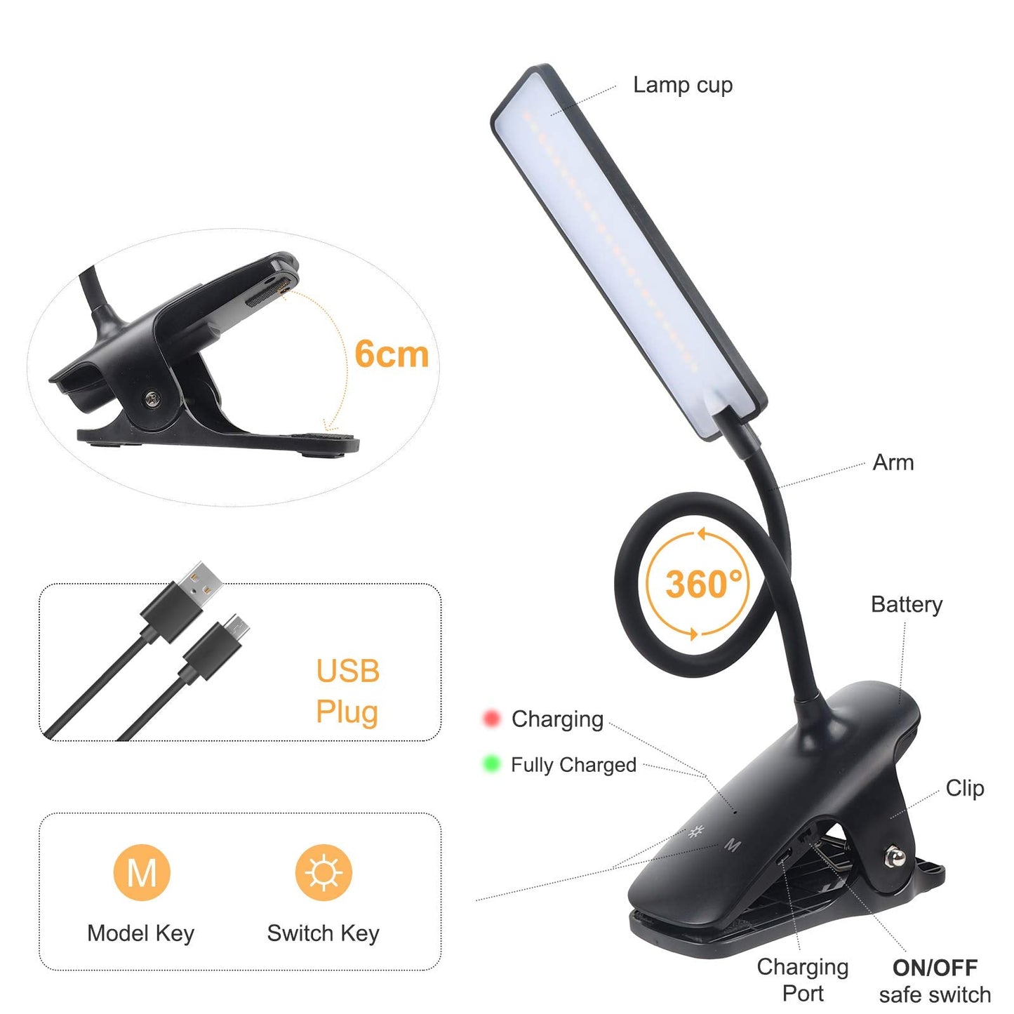deaunbr LED Reading Light with Clip, USB Rechargeable, 24 LEDs, Flexible Neck, Black, Model WS0030-01-0
