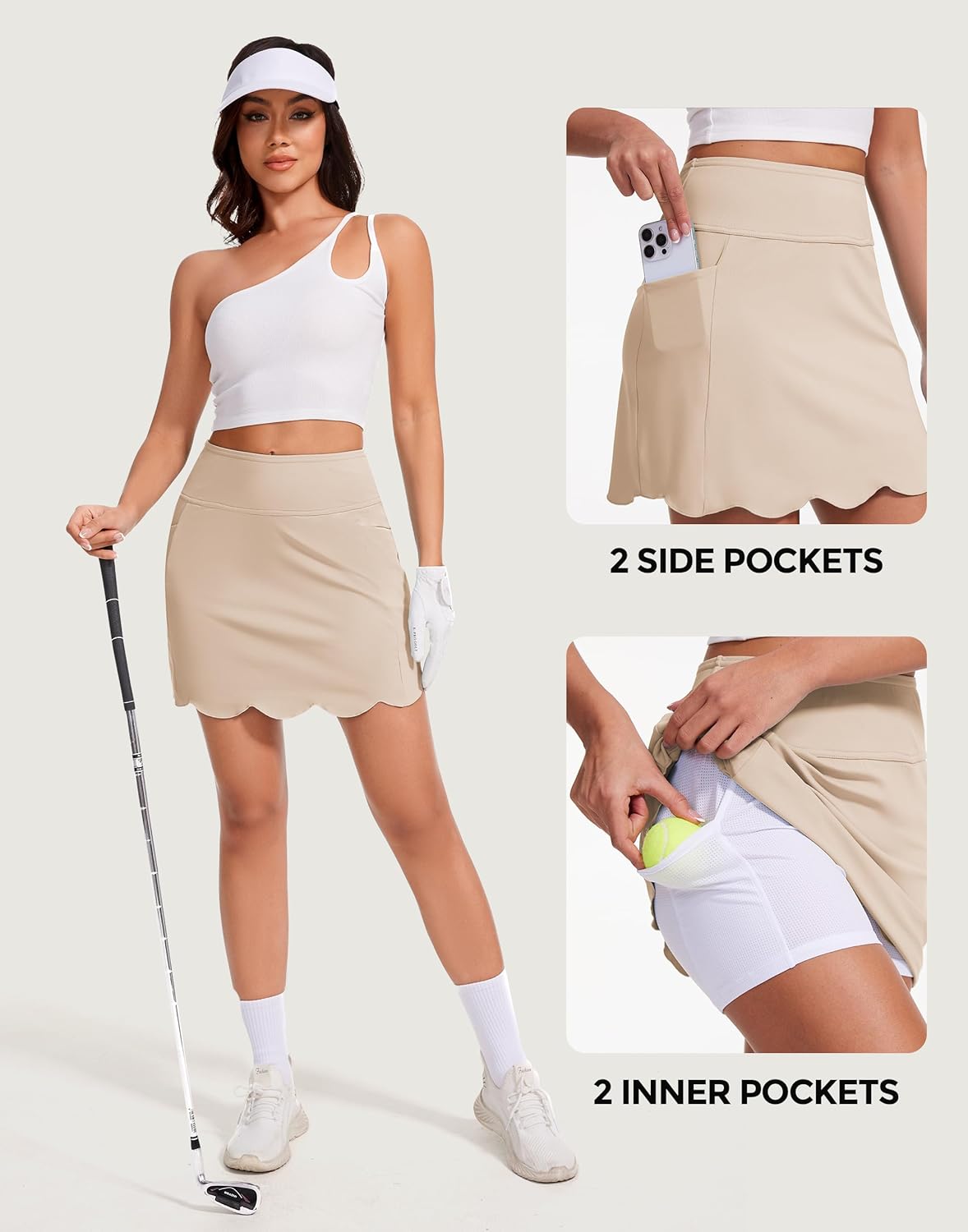 M MOTEEPI Skorts for Woman with Pockets 16" Golf Athletic Skirts Scalloped Hem Tennis Skirt Dressy Casual