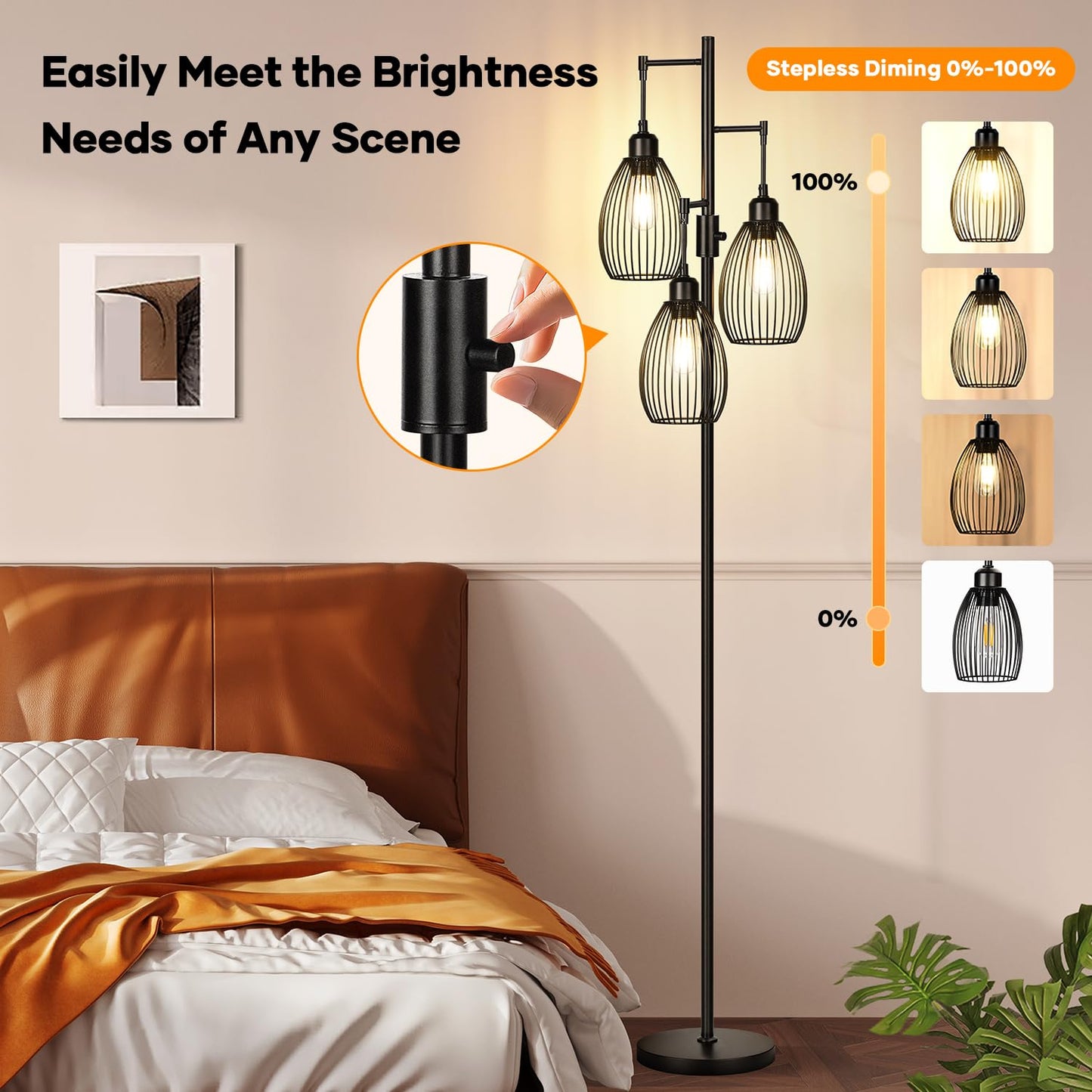 Nintiue Dimmable Floor Lamp, 3 x 800LM LED Edison Bulbs, Metal, 70 inches, Matte Black, Model FL1908