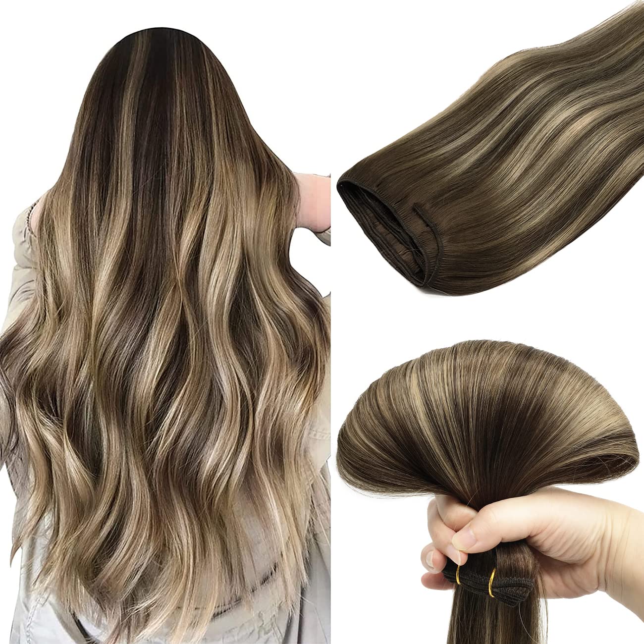 DOORES Human Hair Extensions, Chocolate Brown to Honey Blonde 16 Inch 80g, Sew in Human Hair Extensions Natural Hair Thickness S