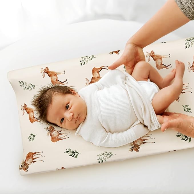 GRSSDER Stretch Ultra Soft Jersey Knit Changing Pad Cover Set 2 Pack, Change Table Pad Covers Fit 32"/34" x 16" Pads Safe and Snug, Stylish Elk Animals Pattern