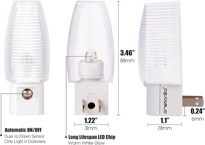 Emotionlite Plug in Night Light, Warm White LED Nightlight, Dusk to Dawn Sensor, Kids, Nursery, Bedroom, Bathroom,Hallway, Stairs, Kitchen, 6 Pack