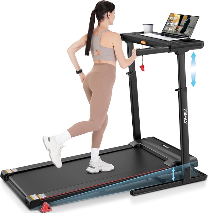 Treadmill with Desk Workstation & Adjustable Height, 450 lbs Weight Capacity, Folding Treadmill with 5%/15% Incline, Bluet...