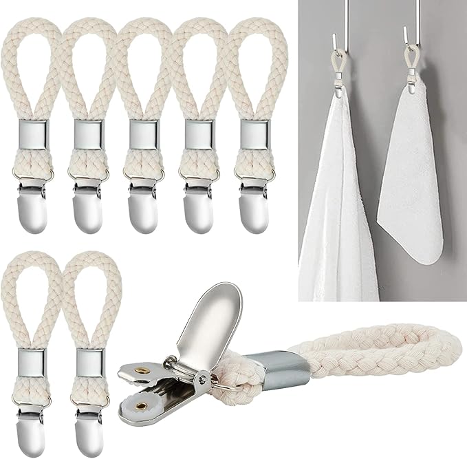 8PCS Hanging Tea Towels Clip, Metal towel hanger with Loop Cotton, Hand Towel Hook for Home Kitchen Bathroom Hanging Towels