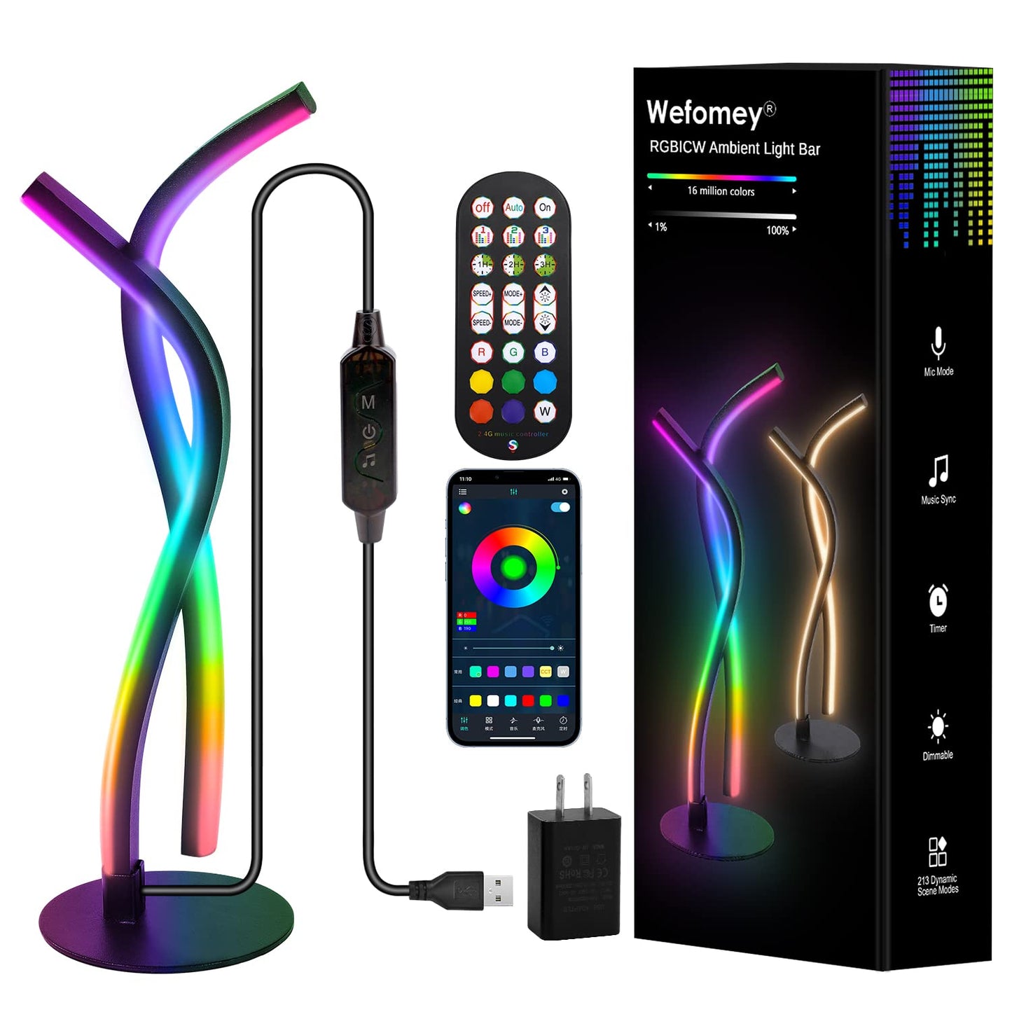 Wefomey LED Table Lamp, RGBW Multicolor Dimmable, Small, Black, Model US-RGBW-TL, Smart App Control, USB Desk Light