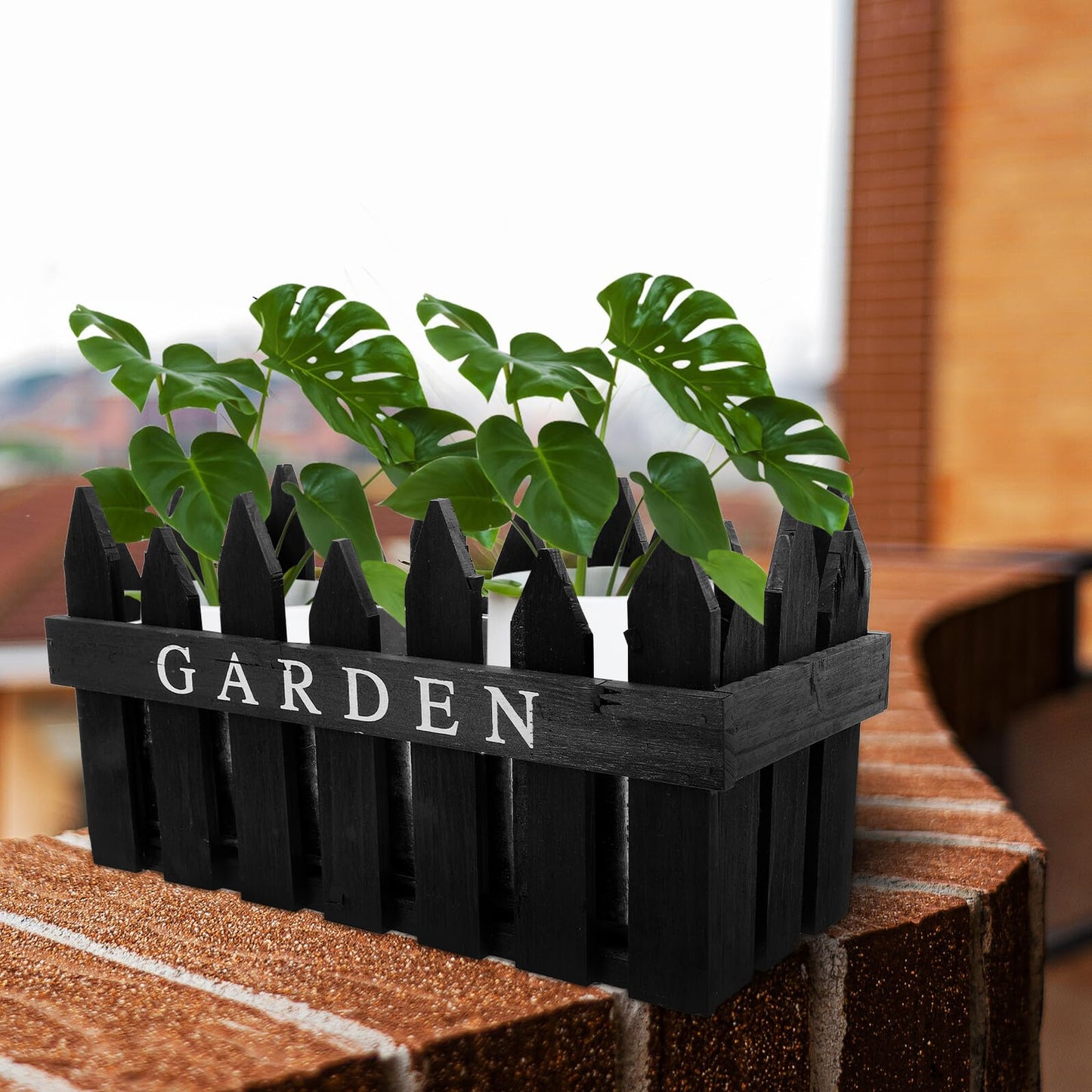 Toyvian Rectangular Wooden Fence Plant Pot for Balcony and Patio, Black Wood Planter Box with Fence Design, Outdoor Garden Flower Container for Plant Arrangement and Home Decor