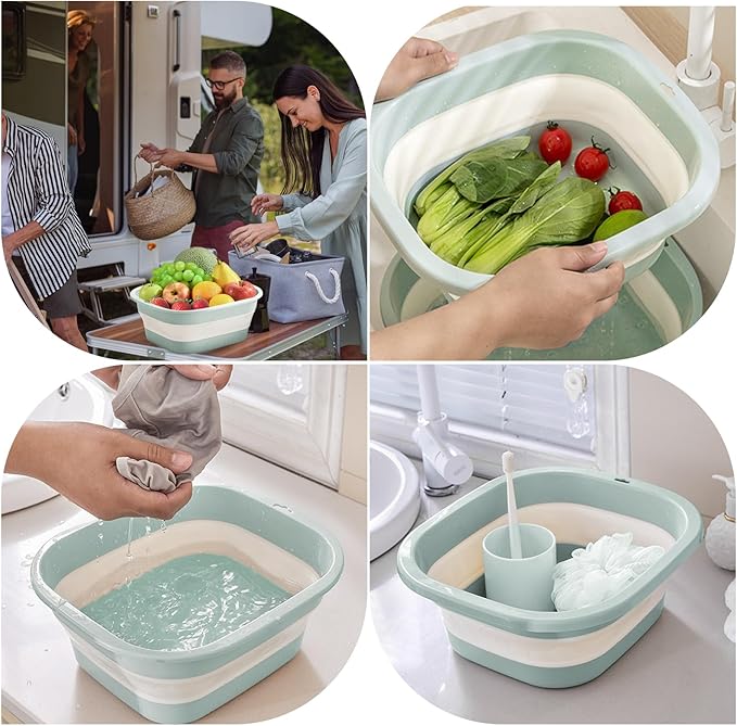 Collapsible Colander and Sink Basin Set 4 QT - 2 Pack Set Collapsible Strainer with Collapsible Wash Basin for Kitchen, RV Camping, Foldable Fruit Vegetable Washing Basket, 4 QT, Blue