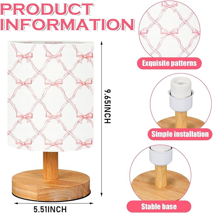 VIHOSE Bowknot Kids Table Lamp for Bedroom Kids Bedside Lamp with Linen Wooden Nightstand Cartoon Nursery Lampshade for Girls Boys Living Room