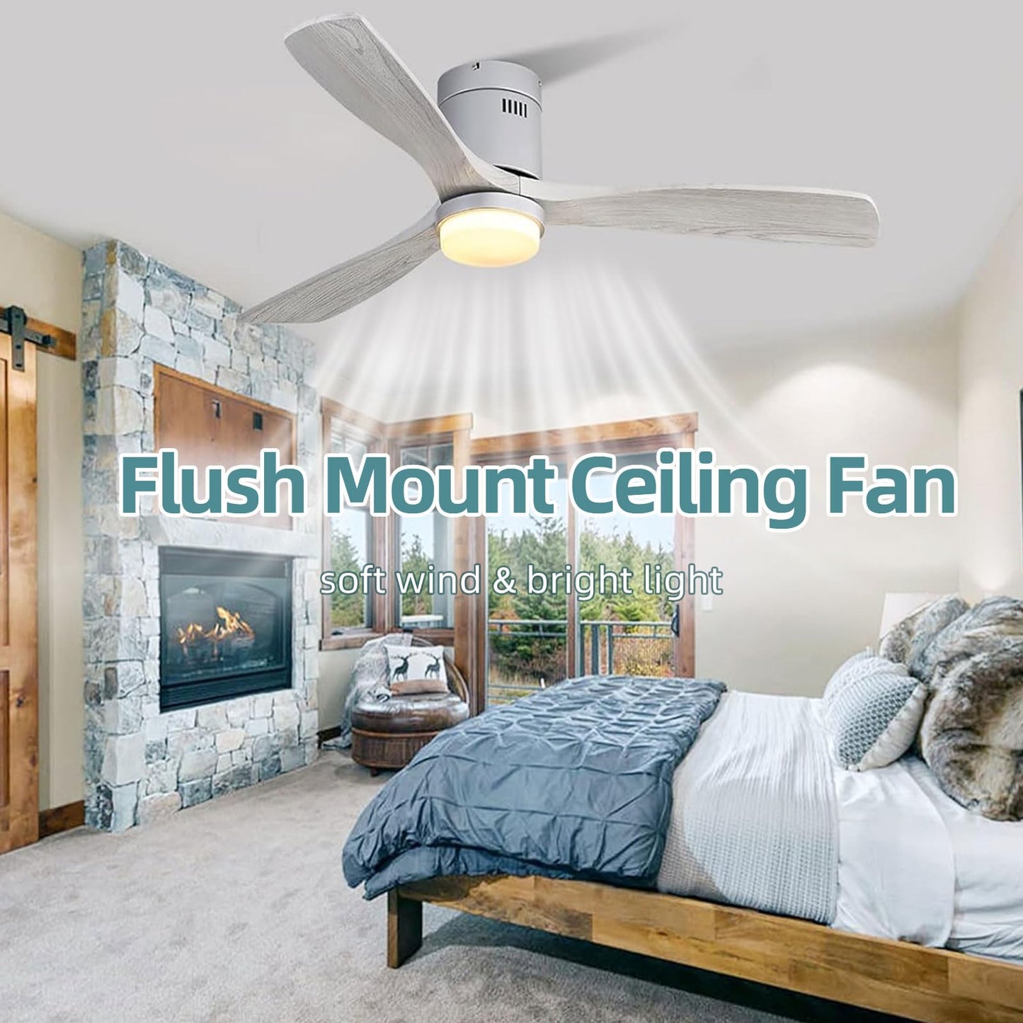Sofucor Ceiling Fan With Lights 52 Inch Flush Mount Ceiling Fan With Remote Control, Wood Blades Modern Outdoor Ceiling Fans For
