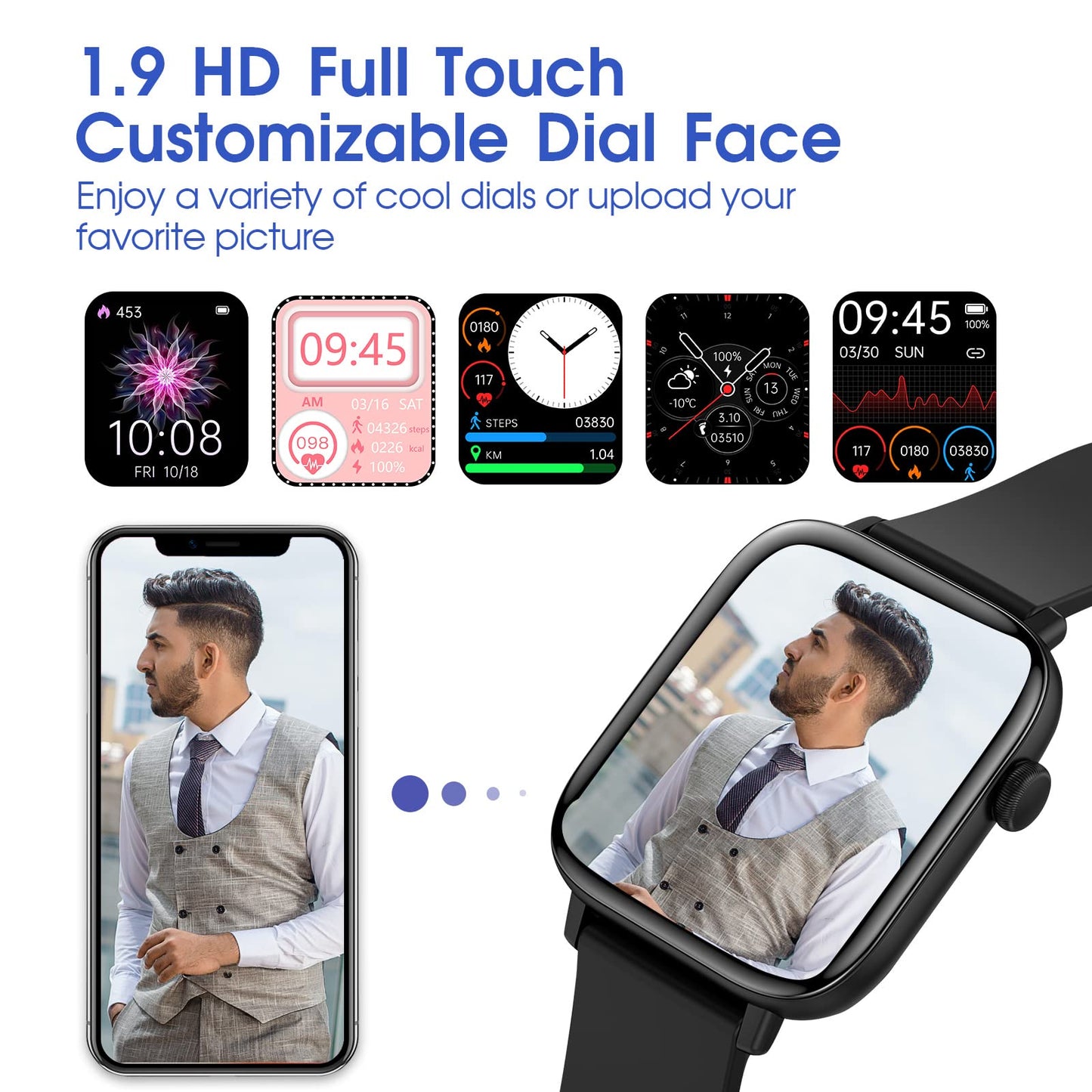 Smart Watch for iPhone/Android Phones (Answer/Make Calls) - 1.9" HD Screen Fitness Tracker : Heart Rate/Sleep Monitor/Pedometer/Calories, Multiple Sports Modes, Waterproof SmartWatch for Men Women
