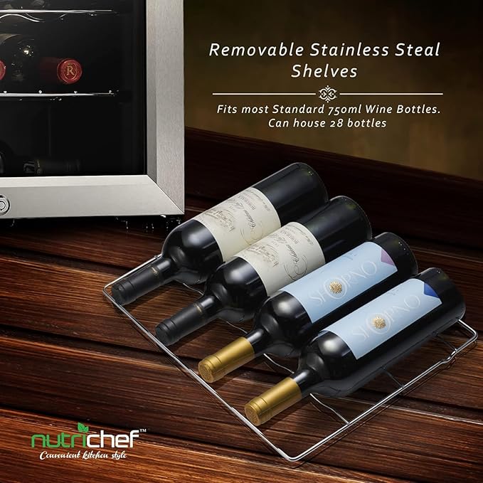 Nutrichef 28 Bottle Wine Fridge - Dual Zone Wine Chiller, Adjustable Temperature 41°F to 64°F, Ultra Quiet Operation, Free Standing Wine Cooler For Home, & Office, 33 x 11 x 26 IN (Black)