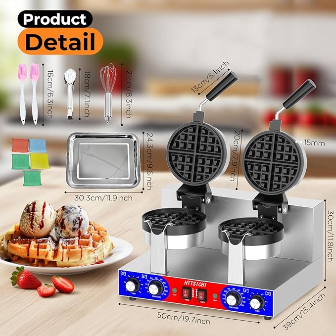 Commercial Belgain Waffle Maker - Rotating Double Waffle Maker w/Non-stick and 1.2 in Thick, Filp Belgian Waffle Machine w/ 122-572℉ Temp Range and Timer, Stainless Steel Waffle Iron, 2400W