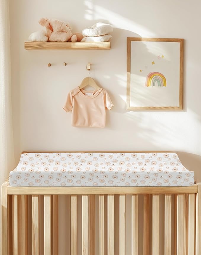 Changing Pad Cover for Baby Girls Boys, Muslin Changing Table Pad Covers with Boho Style, Neutral Color Soft and Breathable (Flower-A)