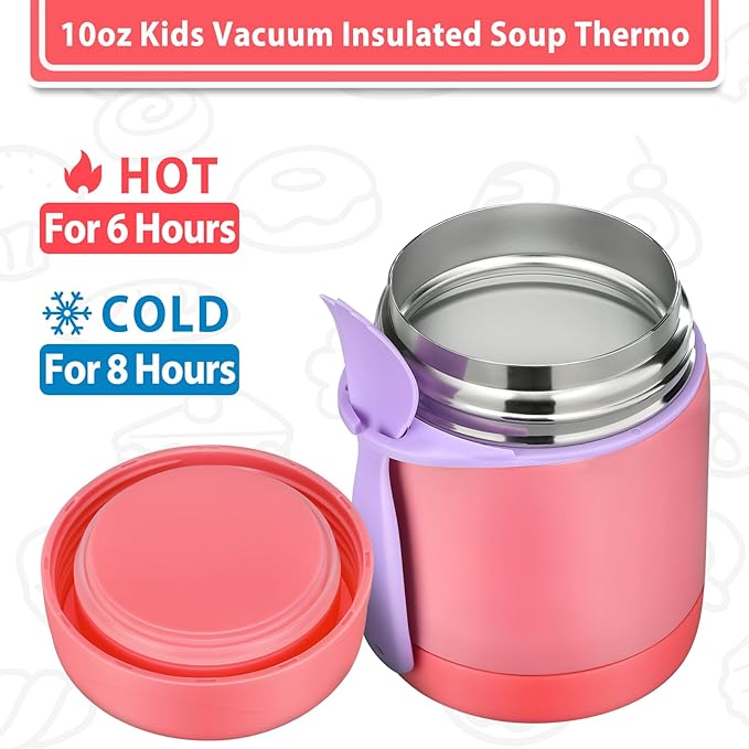 10oz Soup Thermo for Hot Food Kids, Insulated Food Jar with Spoon, Leak Proof Stainless Steel Wide Mouth Lunch Food Thermo Jar for School (Pink)