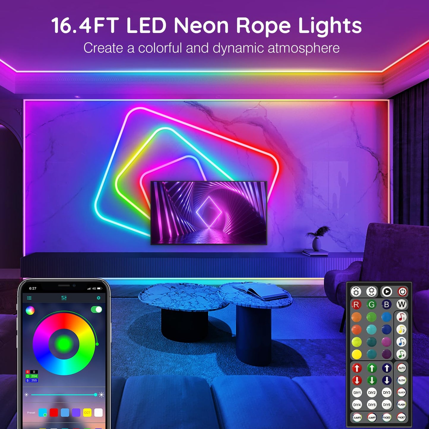 AILBTON Neon Rope Lights, 16.4Ft Flexible LED Strip, RGB Colors, Music Sync, IP65 Outdoor, Model 20FT-Led Neon