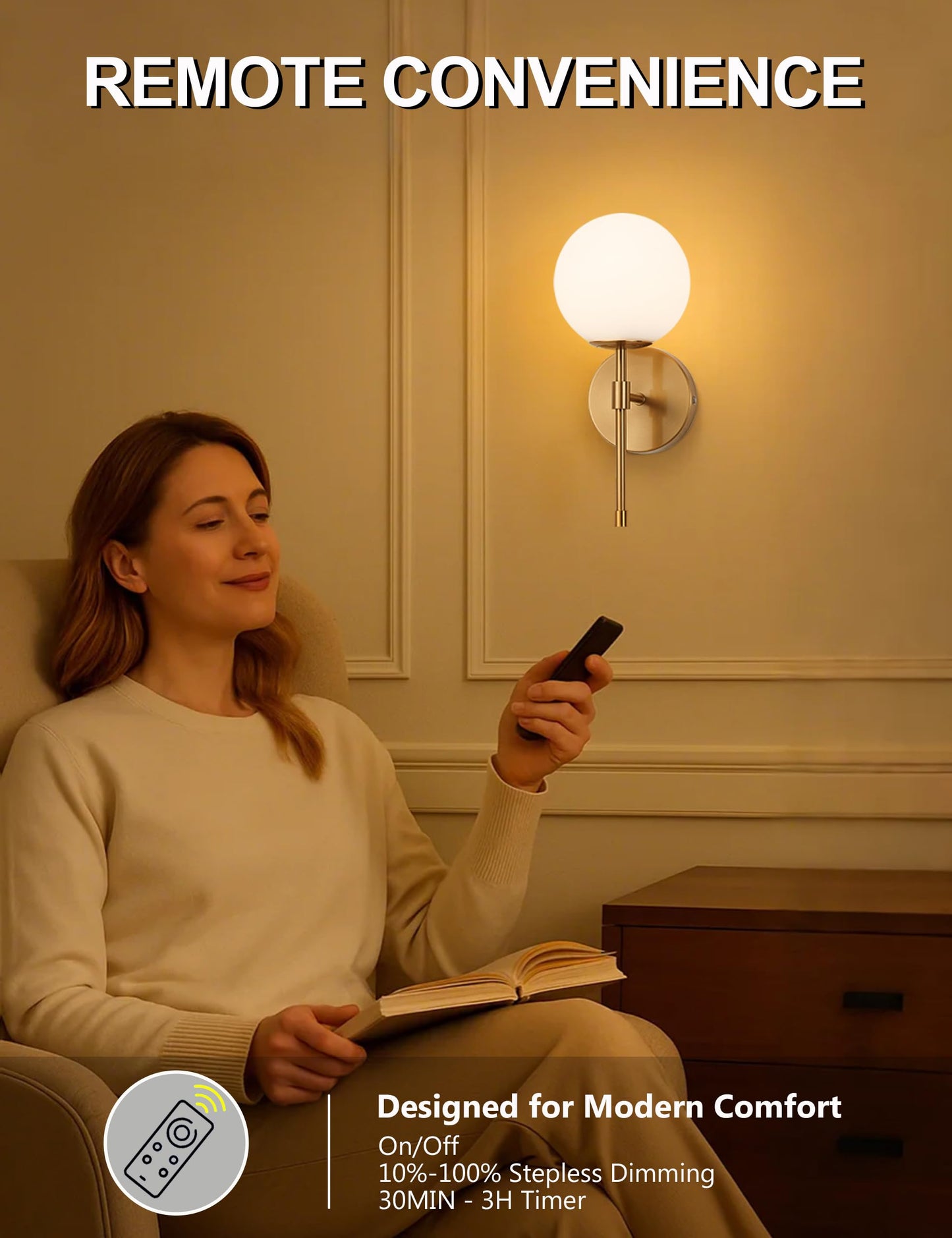 MSTETO Battery Operated Globe Wall Sconces Set of 2, Brushed Gold, Wireless, Remote Control, Rechargeable, Model MTIW-108G