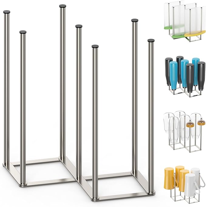 Foldable Bottle Drying Rack, Baby Bottle Drying Rack, Collapsible Cup Draining Holder, Retractable Reusable Storage Bag Dryer with Non-Slip Bottom - Stainless Steels (Silver)