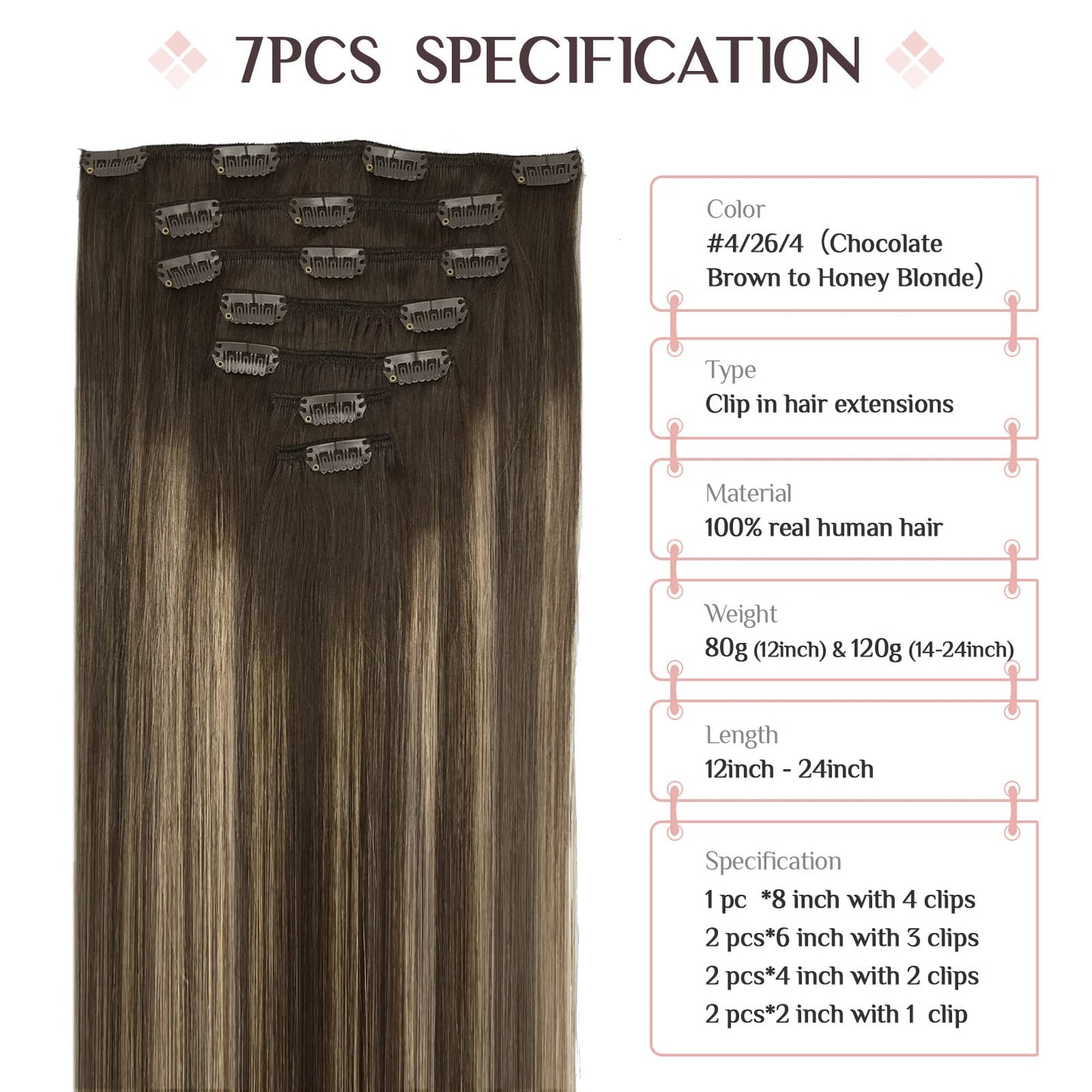 Clip in Hair Extensions Real Human Hair, 7pcs 120g Balayage Chocolate Brown to Honey Blonde 24 Inch, MAXITA Remy Hair Extensions