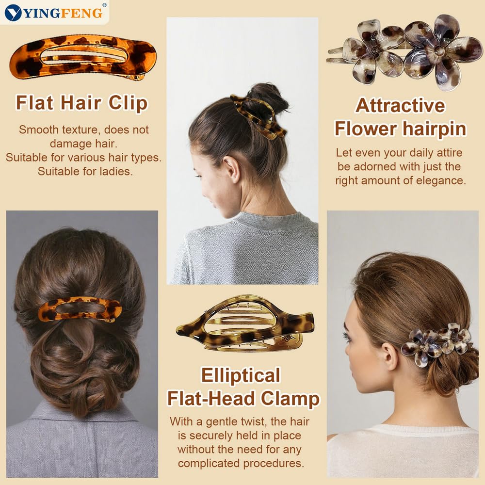 12 Pcs Tortoiseshell Flat Hair Clips, YINGFENG Flat Claw Clip for Women, Bright Non-Slip Flower Claw Clips for Thin Thick Hair,