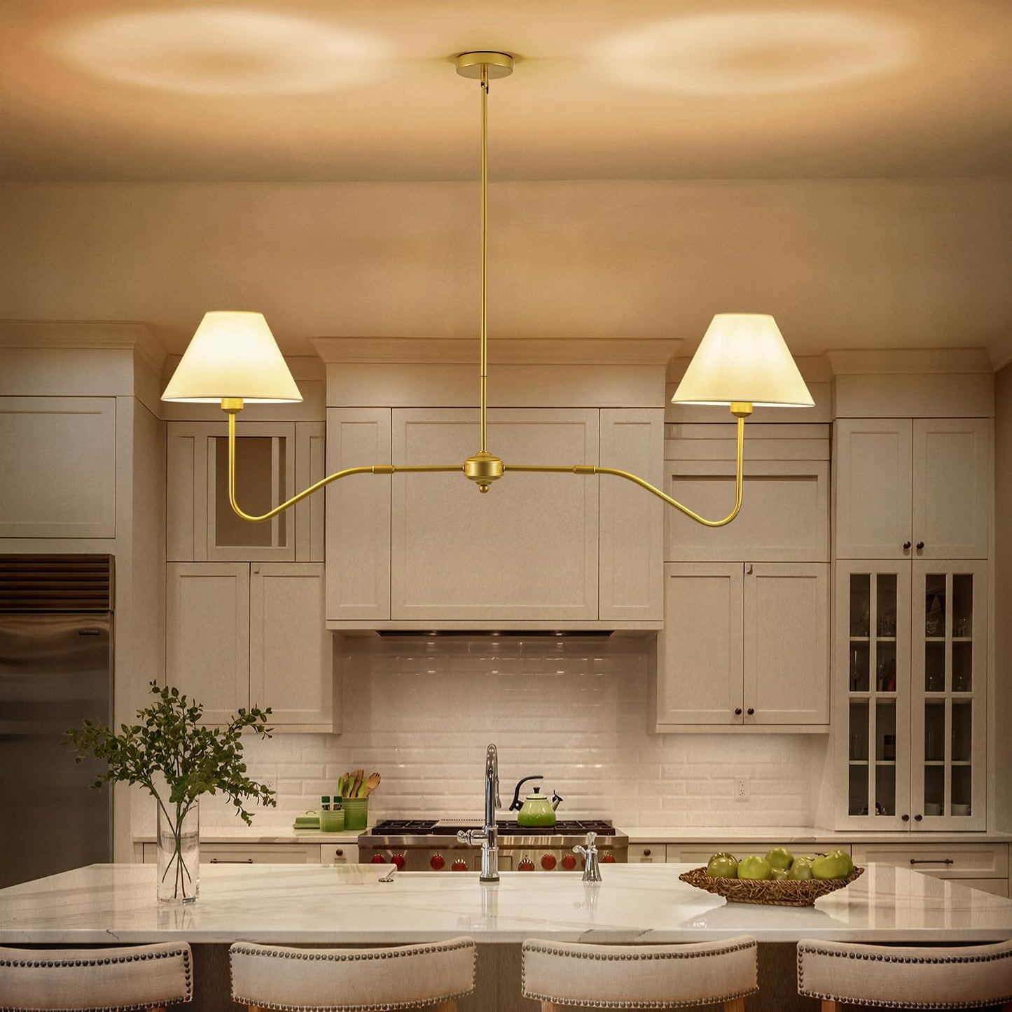 Jsdorsy 2-Light Gold Modern Linear Chandelier  55 Inch Farmhouse Kitchen Island Lighting With White Fabric Shades  Dining Room Light Fixtures For Living Room Bedroom  Height Adjustable