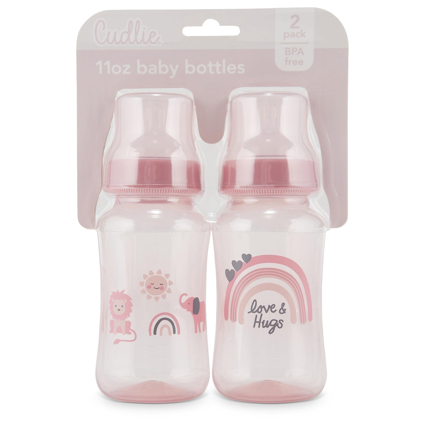 Premium 2-Pack Baby Bottles - 11 Ounce, Hourglass Shape, Fun Boys and Girls Prints, Clear Cover - BPA-Free