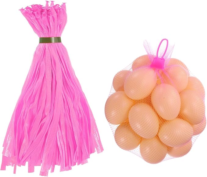 uxcell 100Pcs Reusable Produce Mesh Bags, 30cm Mesh Nylon Netting with Loop-Style Closures, Stretchable Egg Hatching Bags for Fruit Vegetable Storage, Pink