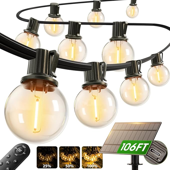 addlon 100FT Solar String Lights Outdoor with Remote, 54 LED Shatterproof Bulbs, Dimmable & Timable, 3 Light Modes, G40 Wa...