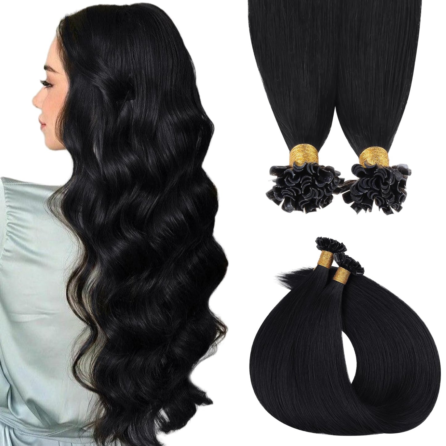 MAXITA U Tip Hair Extensions Human Hair, Jet Black Hair Extensions Real Human Hair, 50g/50 Strands/Pack, 16 In Virgin Human Hair