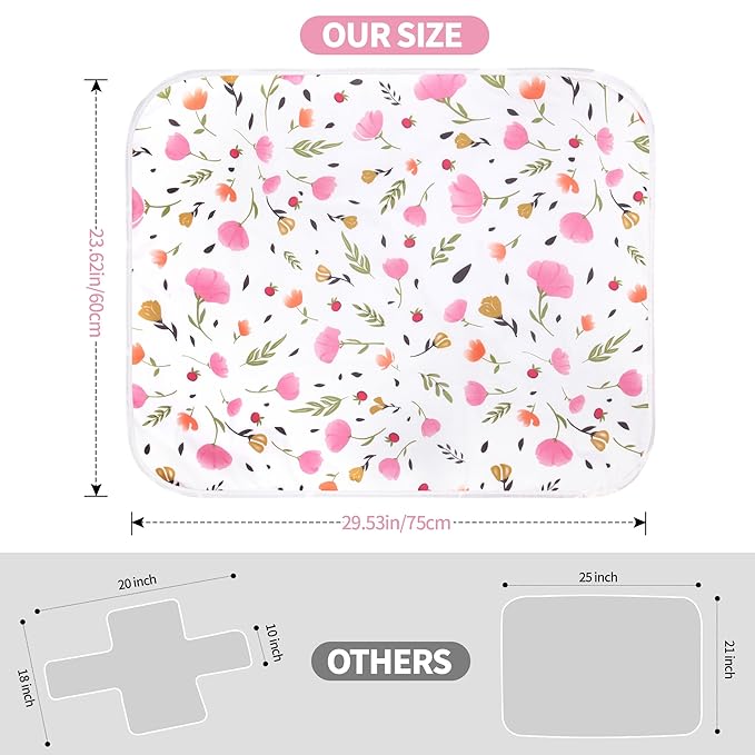 Diaper Changing Pads for Baby, Flower Change Mat, 3Layers Waterproof Change Pad Foldable Absorbent Mats for Women, Reusable Incontinence Underpads for Patient 24''x30'' (Purple Flower)