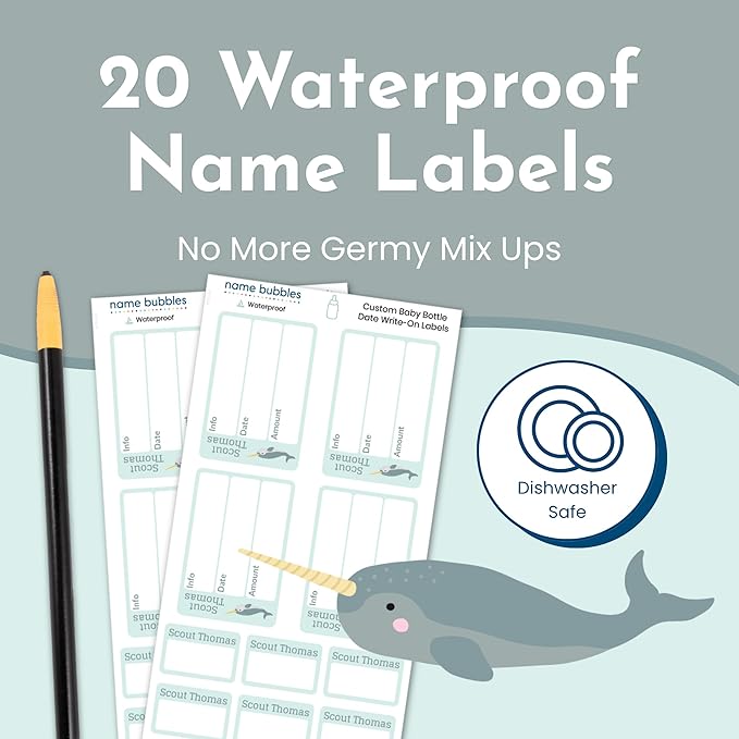 Name Bubbles - Reusable Baby Bottle Labels for Daycare (20 Labels) - Kids Washable Name Tags for Bottles, Sippy Cups, & Snack Containers, Waterproof, Baby Name Stickers, Write-On (Elephant)
