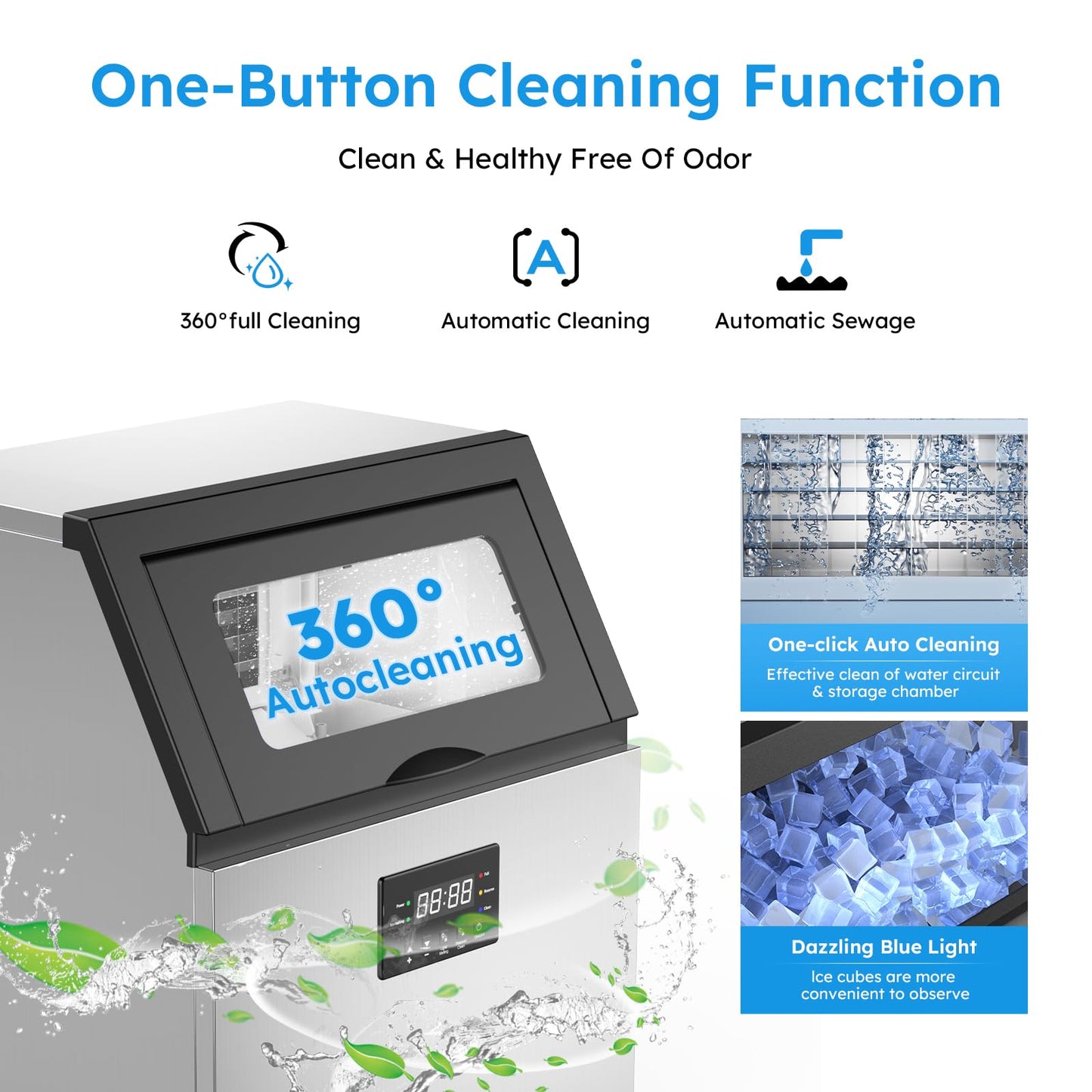Commercial Ice Machine 200 LBS/24H with 50 LBS Storage Bin, Ice Cubes Ready in 5-15 min, Stainless Steel Industrial Ice Maker, Self-Cleaning, Timing Function, Adjustable Ice Thicknesses