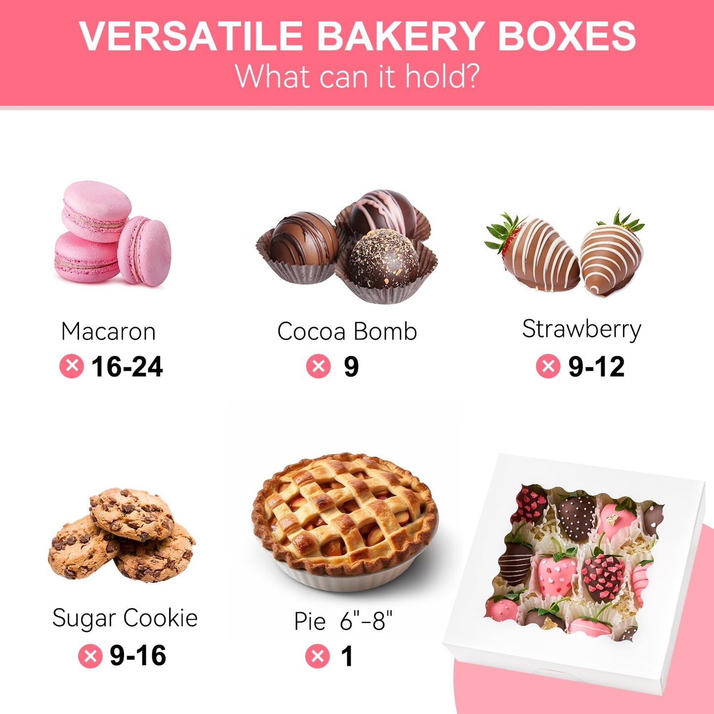 Kucoele 20 PCS Pie Boxes, 8 x 8 x 2.5 Inches Bakery Boxes with Window, Auto-Popup Cookie Boxes White Treat Boxes for Chocolate Strawberries, Pastries, Muffins, Donuts