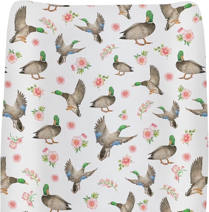 Mallard Ducks Boho Floral Changing Pad Covers for Baby Girl Boy Green Duck Spring Fitted Change Table Cover Mats Wild Duck Hunting Soft Diaper Changing Table Sheets 32''×16''