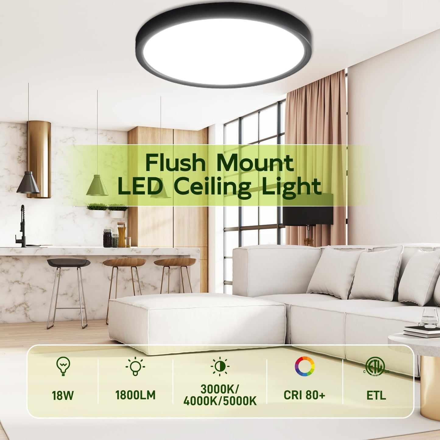 hykolity LED Round Flat Panel Light, 18W 1800LM, Selectable CCT 3000K/4000K/5000K, 9 Inch, Black,