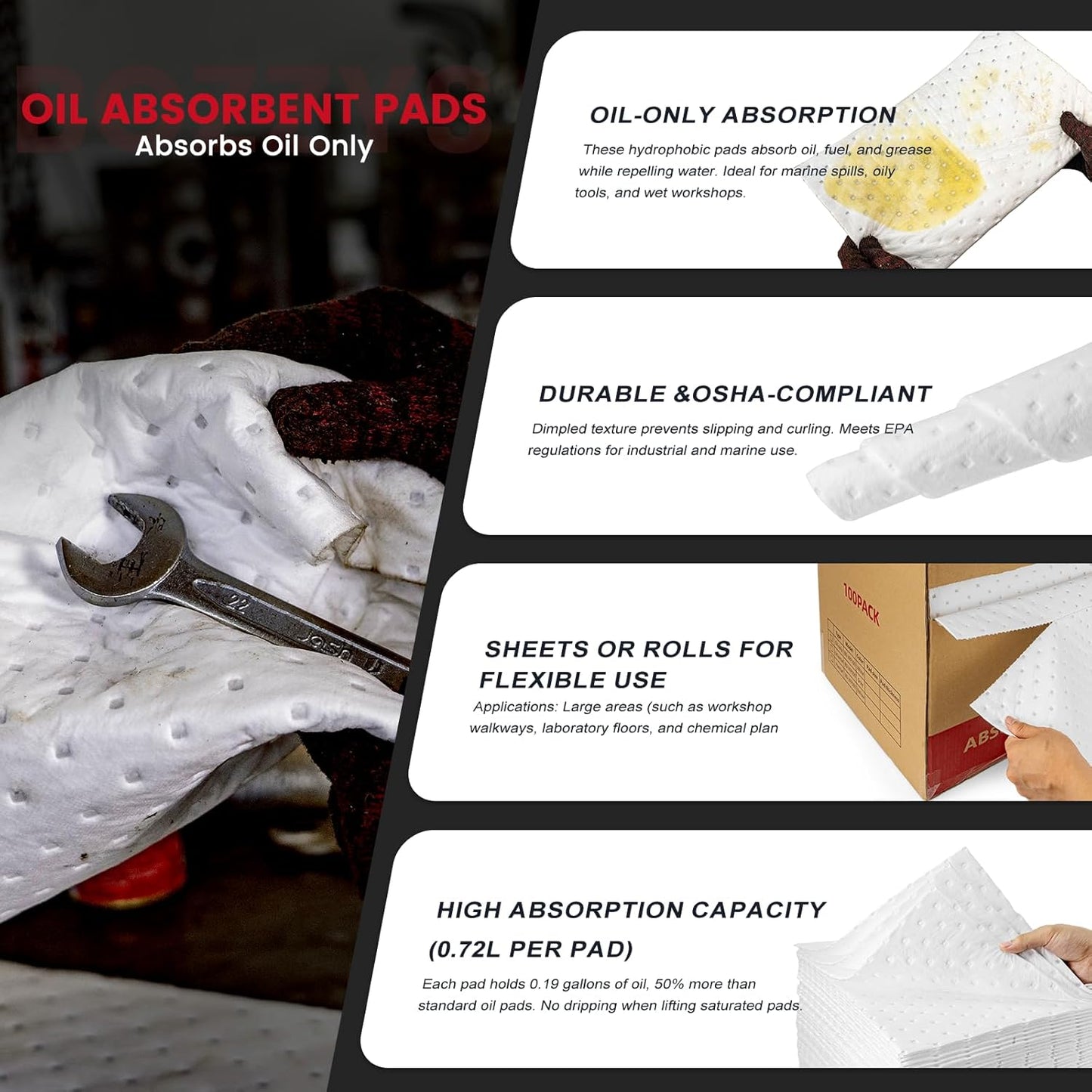 Oil Absorbent Pads | 16"x20" Oil-Only Spill Mat 100-Pack | Industrial Spill Control for Oil & Fuel(24 Gal/Box) | Repels Water Absorbing Sheets