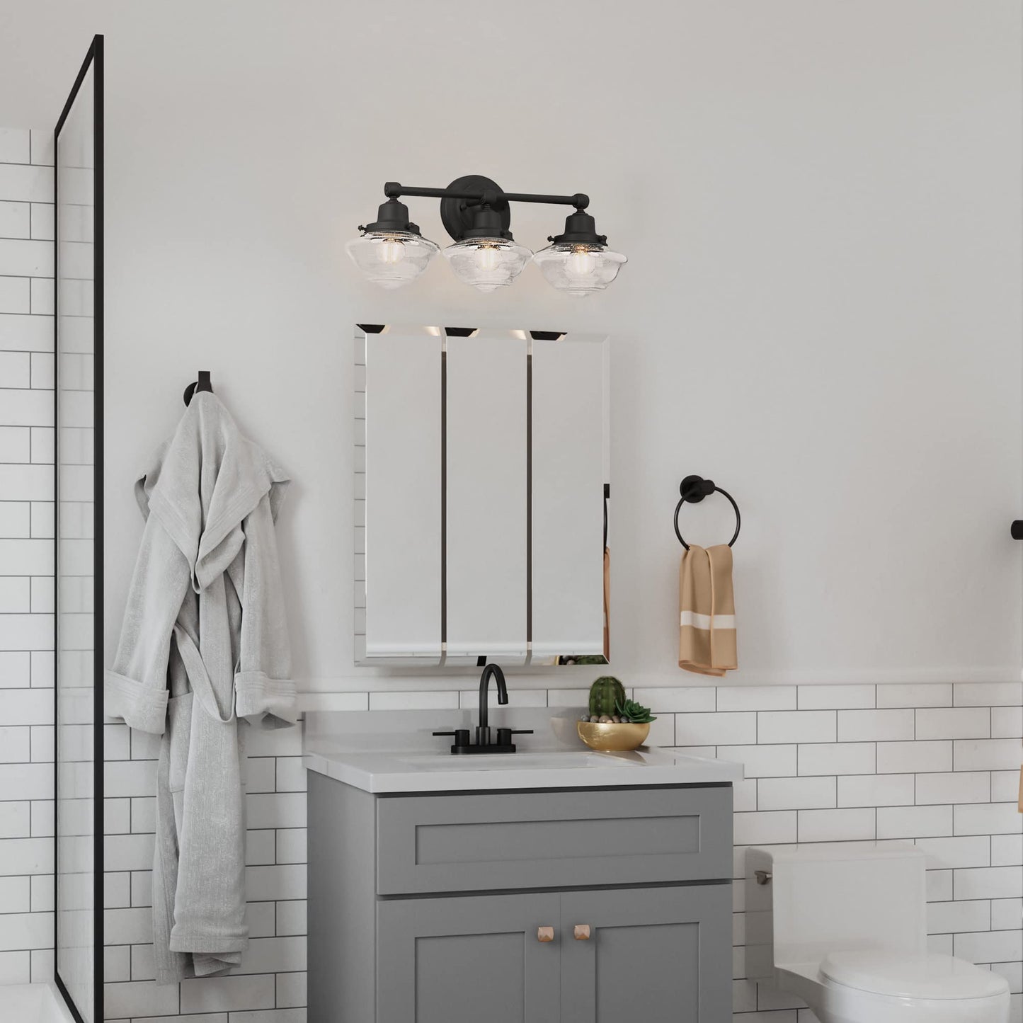 Design House 3-Light Dimmable Vanity Light, Matte Black, Clear Seeded Glass Shades, 23.125 in x 7.625 in x 9.5 in, Model 589