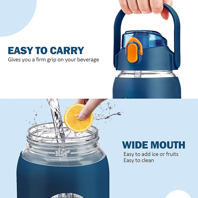 kytffu 42oz Glass Water Bottles with Straw, Motivational Glass Bottle with Silicone Sleeve and Time Marker, Leakproof Large Glass Water Jug for Gym Home Office,Blue